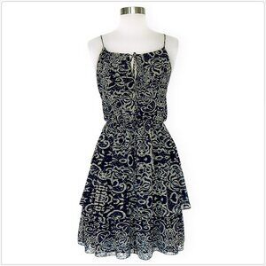 Robbi & Nikki Navy Beige Scroll Batik Tiered Layered Summer Slip Dress Size XS